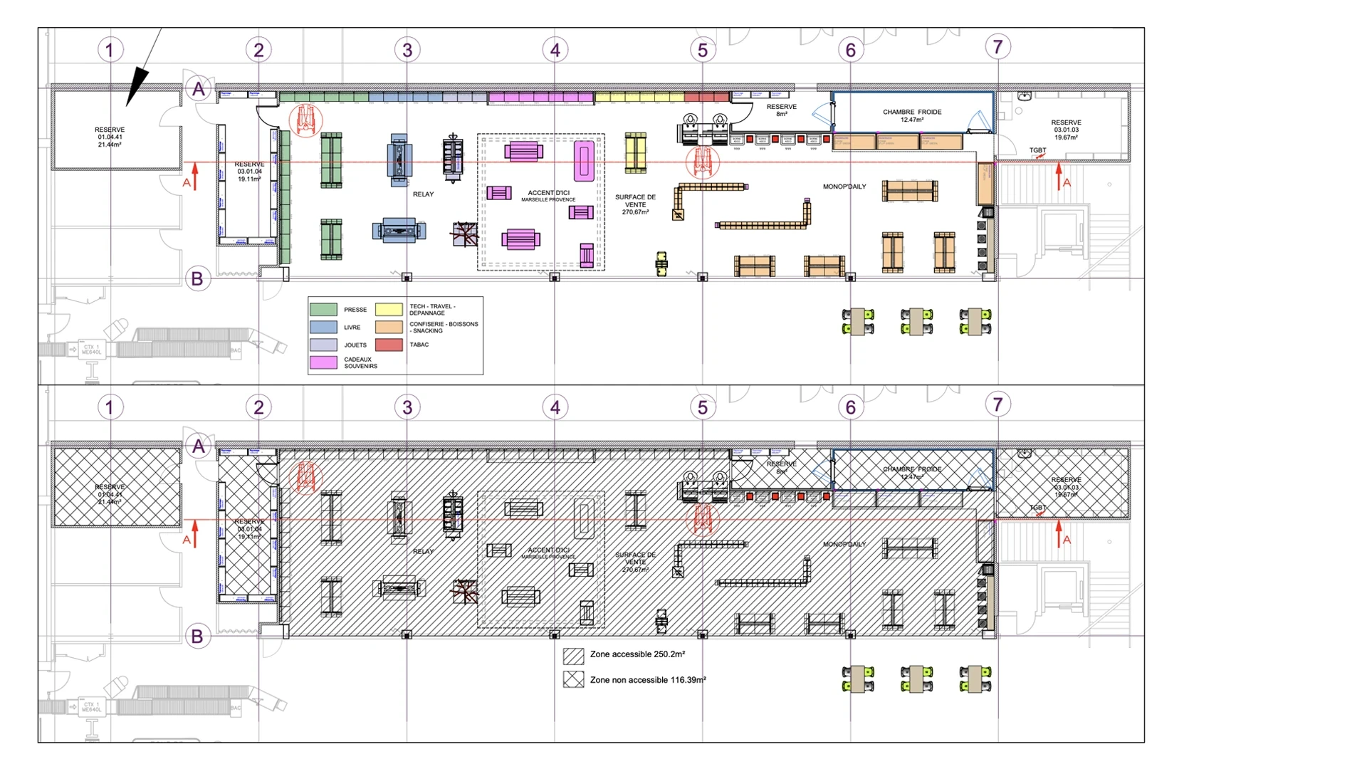 Plan de zoning de la boutique Relay & Monop’Daily : familles de produits et zones accessibles au public