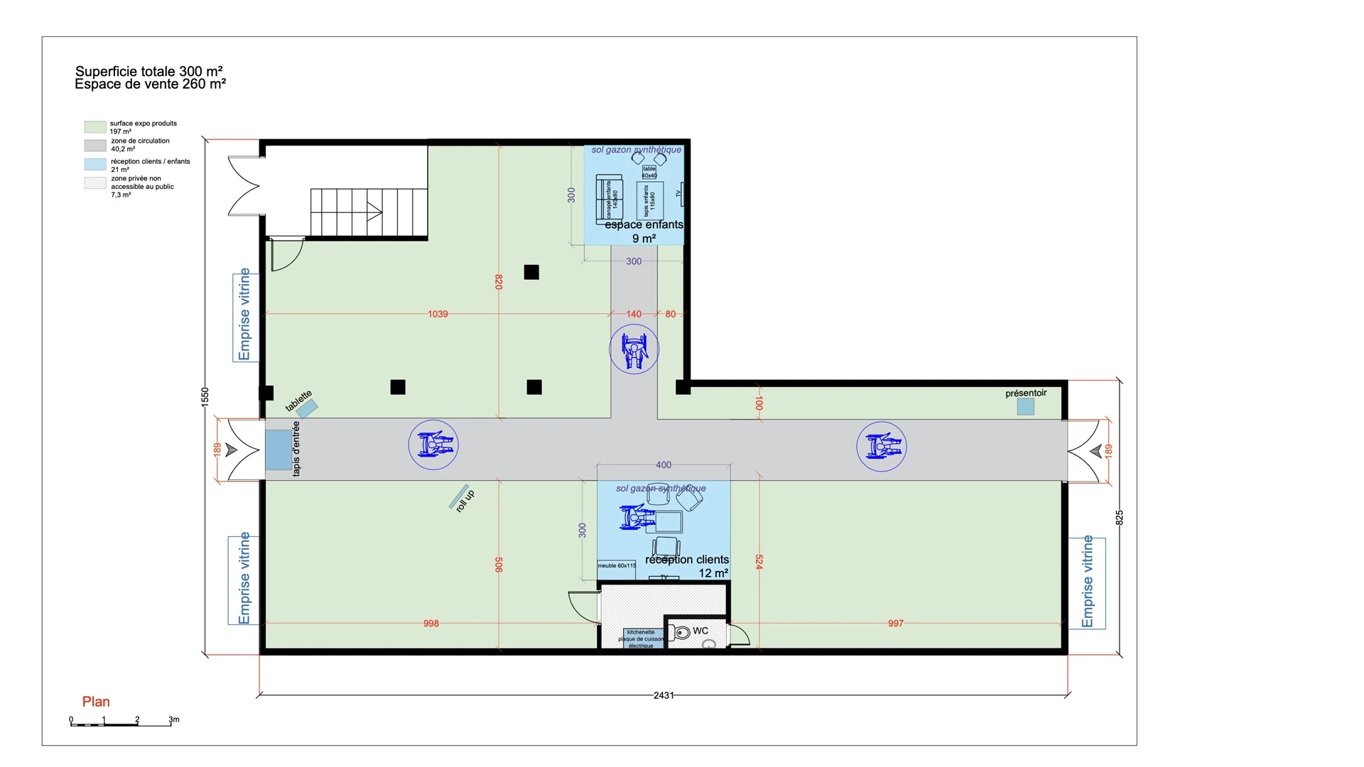 Plan de zoning du showroom Mister Menuiserie : espace de vente, accueil clients et espace enfants