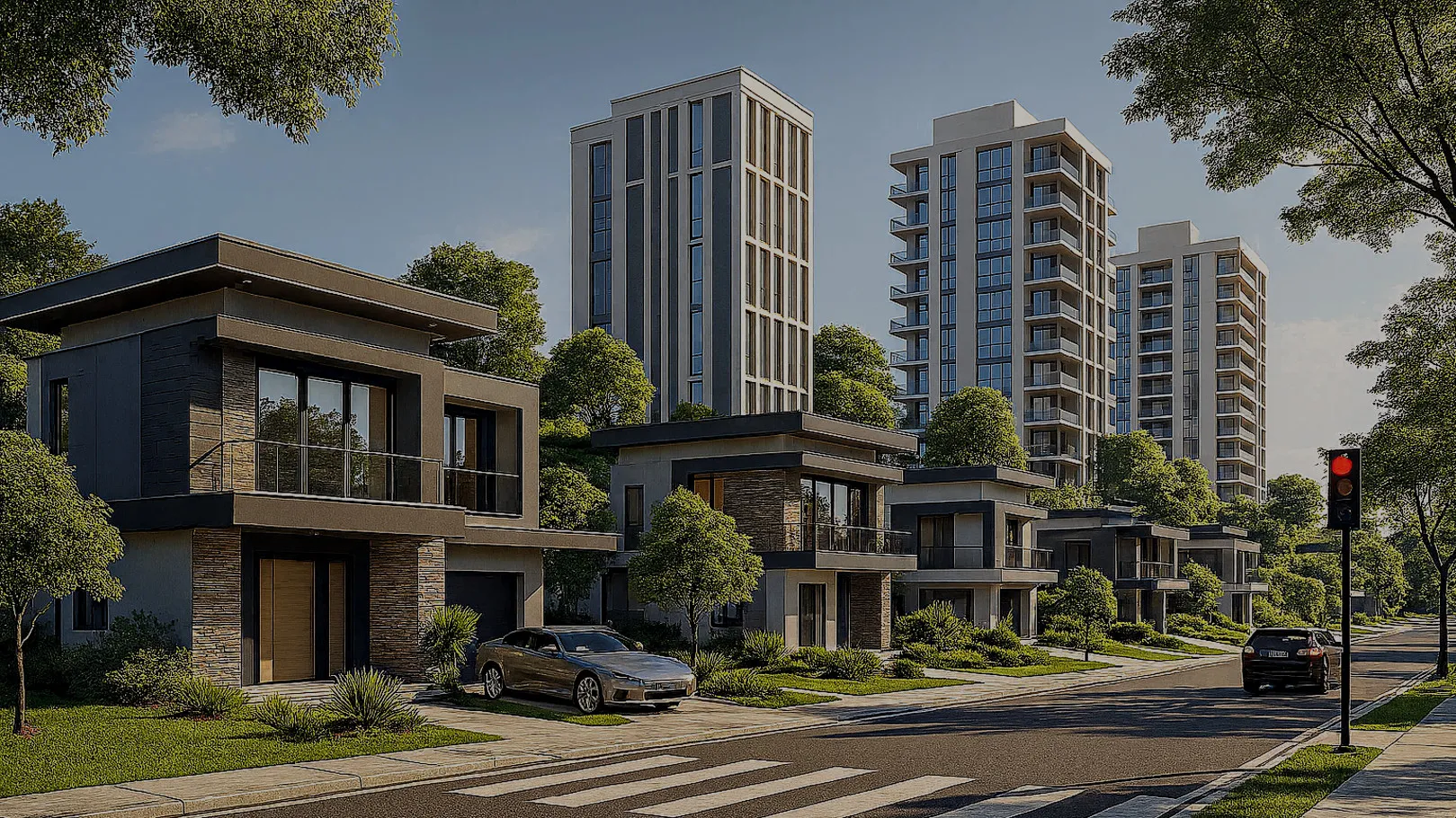 Vue 3D du quartier résidentiel : villas à toit plat et immeubles de logements le long d’une avenue arborée — Accra, Ghana
