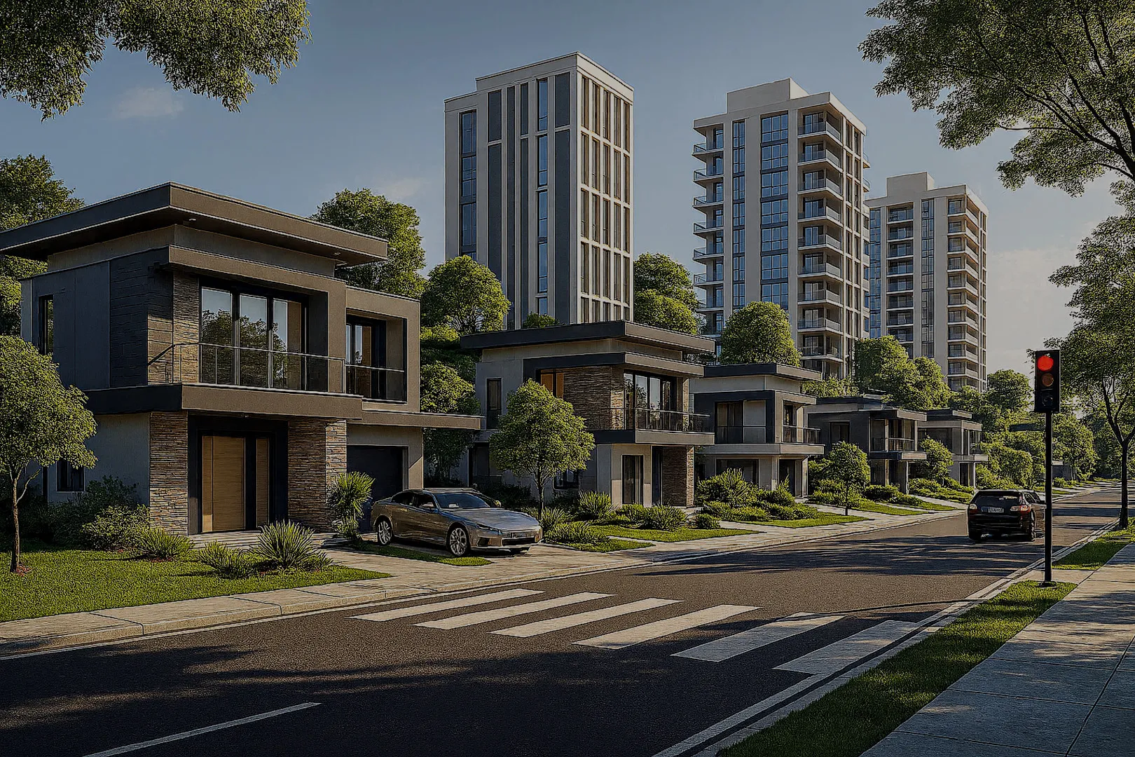 Vue 3D d’une rue du projet : villas contemporaines et tours de logements entourées de verdure — Accra, Ghana