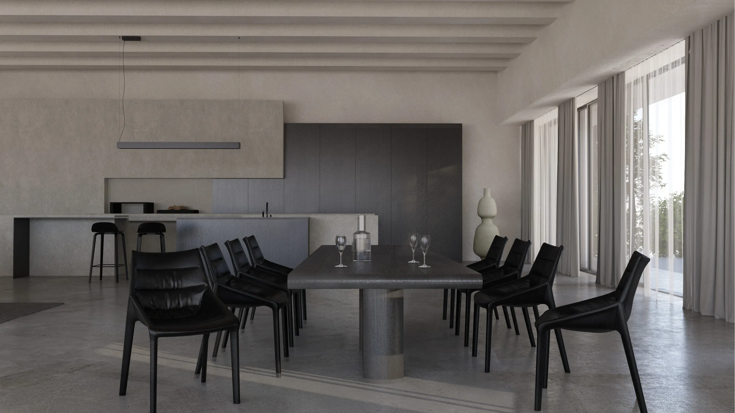 Salle à manger minimaliste autour d’une grande table en bois sombre — vue 3D de la villa près d’Aix-en-Provence