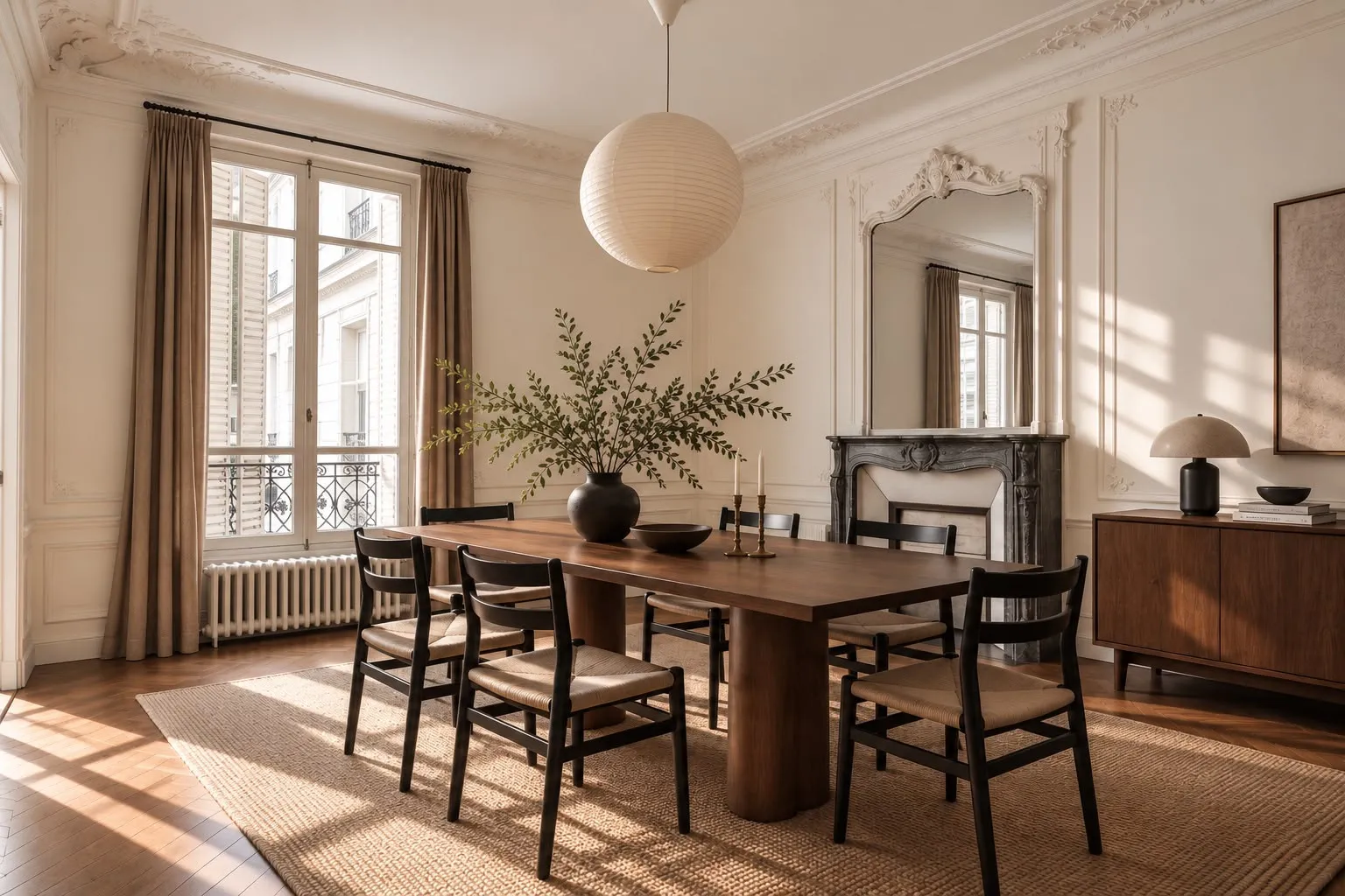 Salle à manger d’un appartement à Paris 16e : table en bois foncé, nouvelles moulures et cheminée en marbre