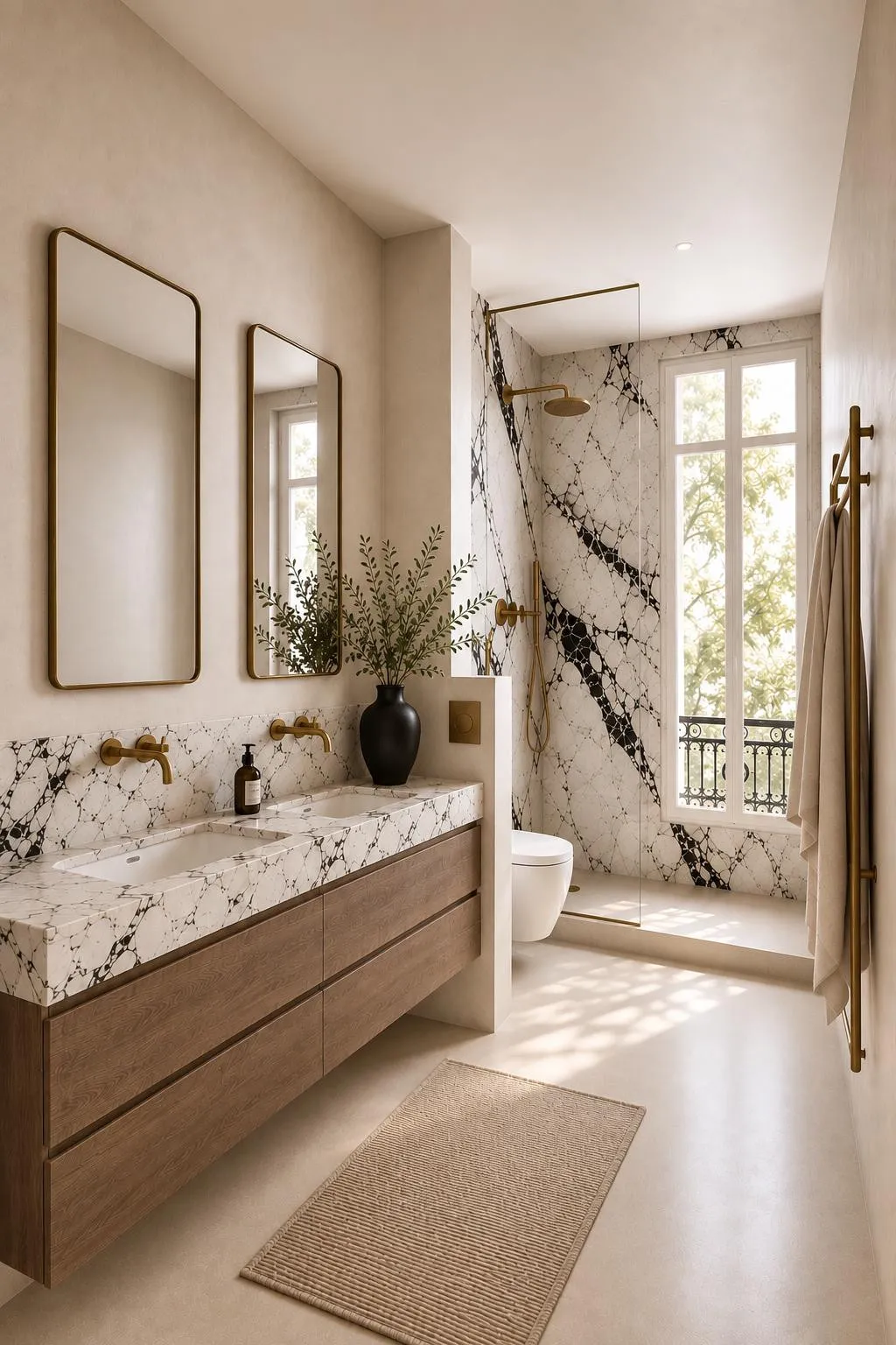 Salle de bain en marbre : double vasque sur meuble en noyer, douche à l’italienne et robinetterie en laiton — Paris 16e