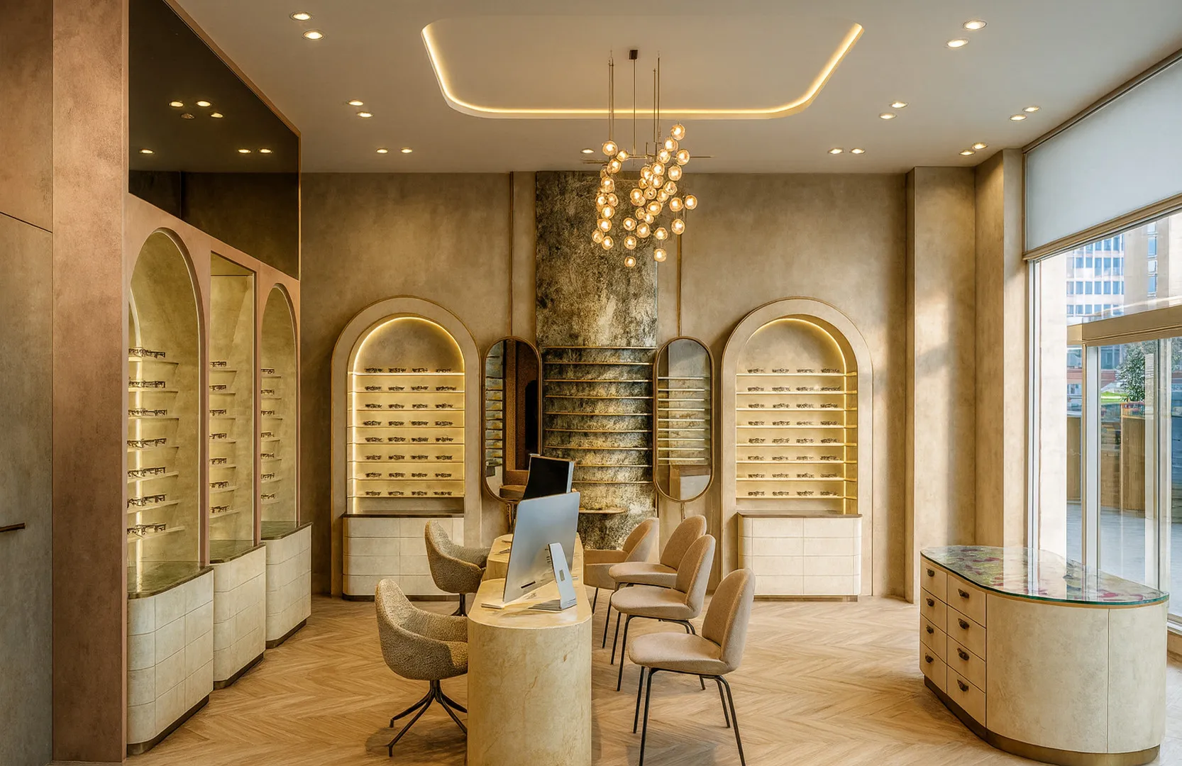 Sales floor of the optician store in Paris 17th arrondissement: arched niches, consultation desk and chevron parquet