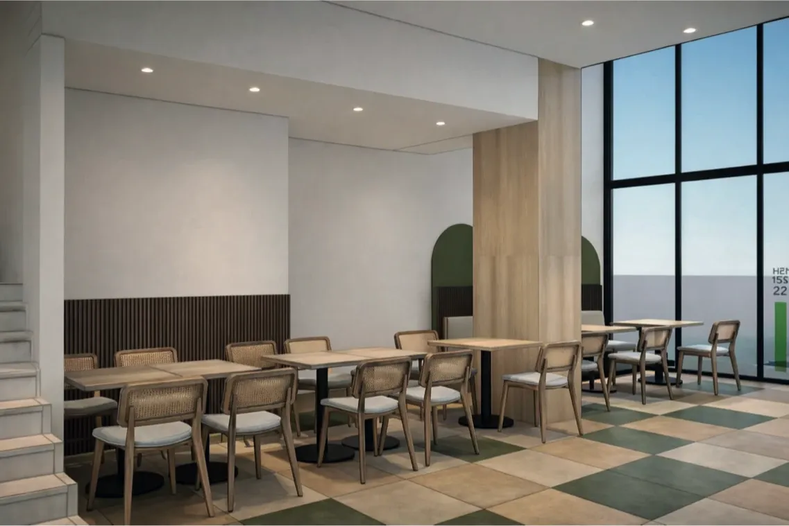 Salle en double hauteur ouverte sur de grandes baies vitrées, chaises cannées et sol en damier — vue 3D