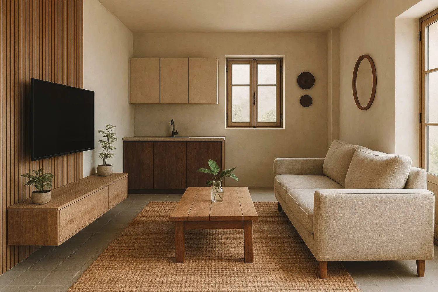 Salon d’un des trois appartements créés dans une dépendance à Goussainville : canapé beige, meuble TV en bois et tapis en jute