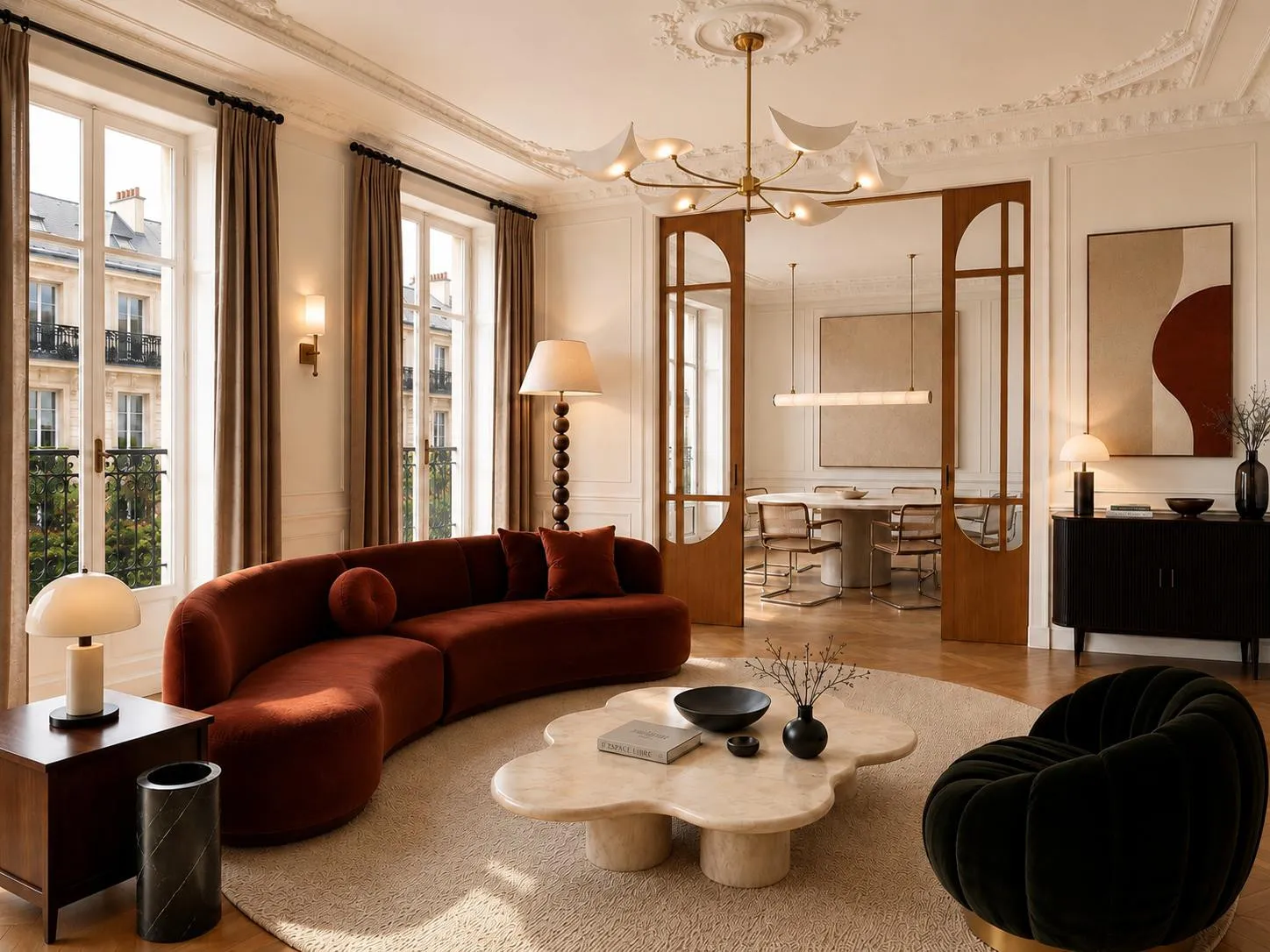 Salon d’un appartement haussmannien à Paris 16e : canapé arrondi en velours rouille, table basse organique et portes en arche