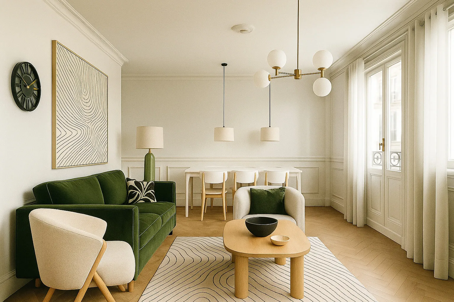 Salon commun d’une maison transformée en coliving à Goussainville : canapé en velours vert, fauteuil bouclette et table basse en bois