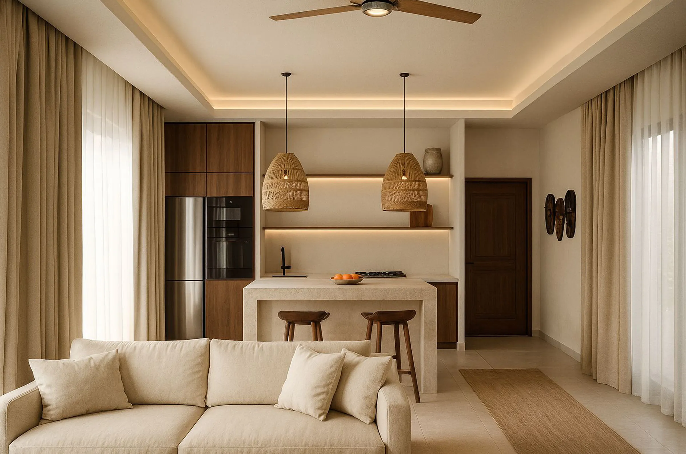 Salon avec canapé crème et cuisine sous des suspensions en rotin — villa contemporaine à Phuket