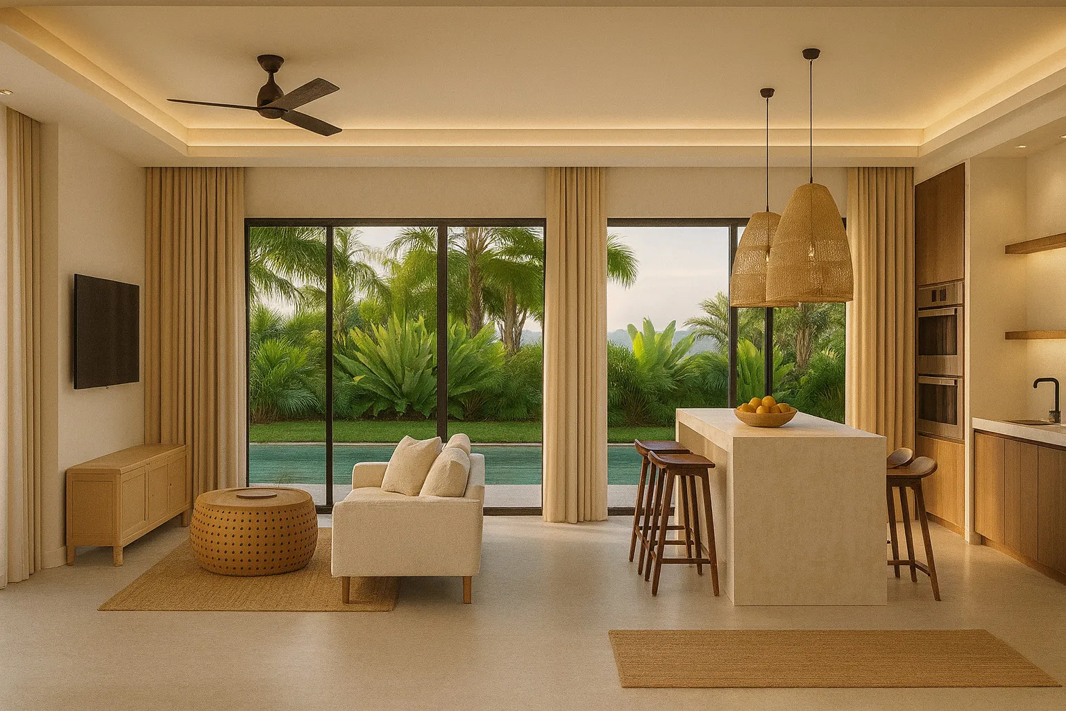 Séjour et cuisine ouverte donnant sur la piscine, dans des tons sable, rotin et bois — villa à Phuket