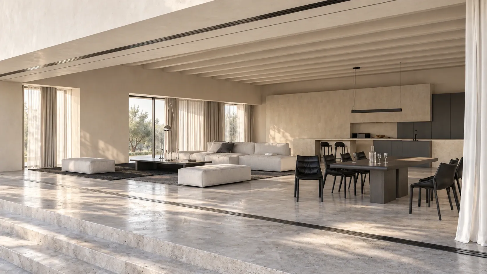 Séjour ouvert en béton ciré, avec salon et salle à manger — vue 3D de la villa près d’Aix-en-Provence