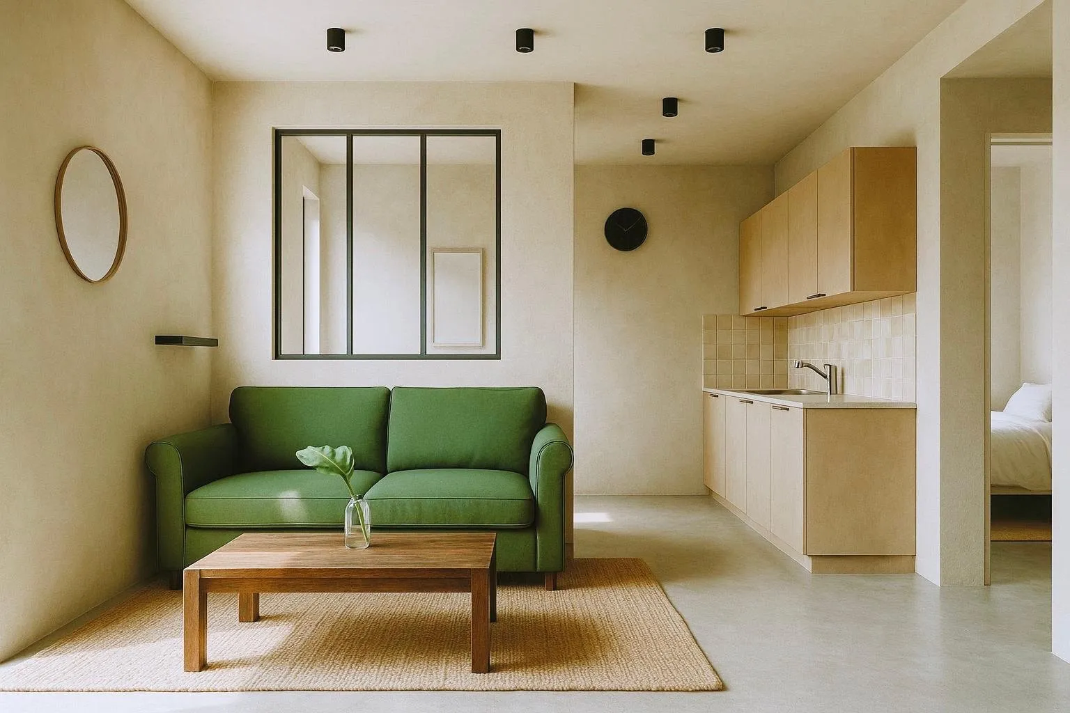 Séjour avec canapé vert, verrière noire et kitchenette en bois clair — appartement créé dans une dépendance à Goussainville