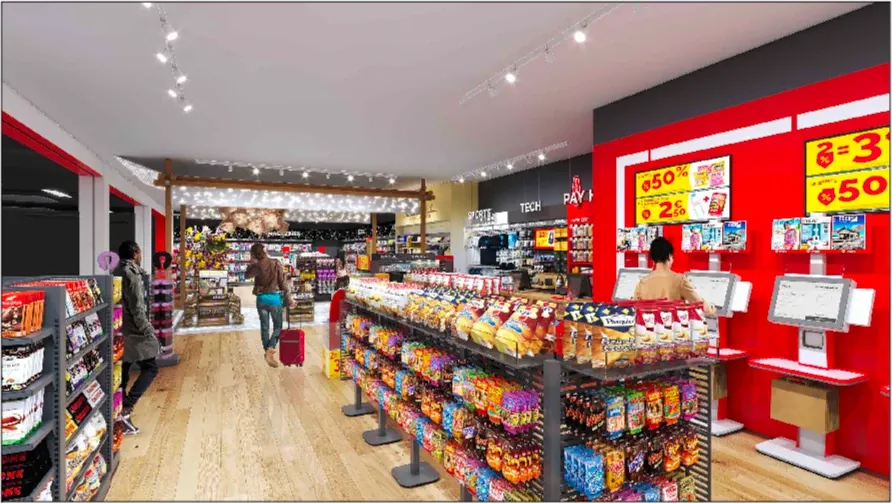 Allée snacking et caisses automatiques d’une boutique Relay — vue 3D