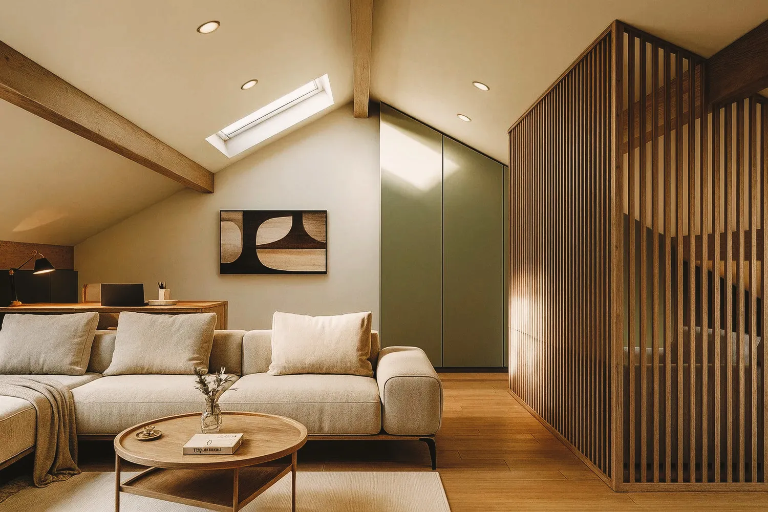 Studio de 40 m² aménagé sous les combles à Metz : salon avec canapé beige, claustra en bois et poutres apparentes