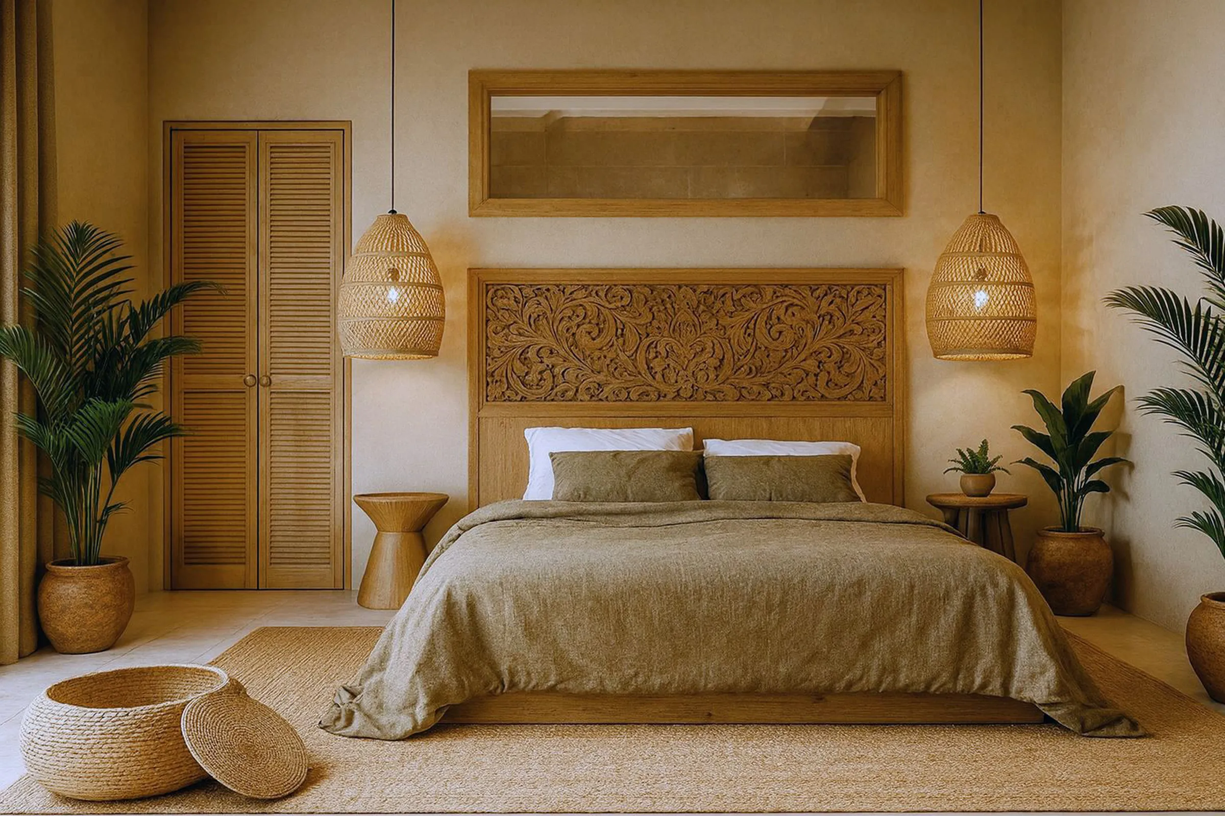 Suite principale inspirée de l’artisanat local : tête de lit en bois sculpté, rotin et lin — villa à Phuket