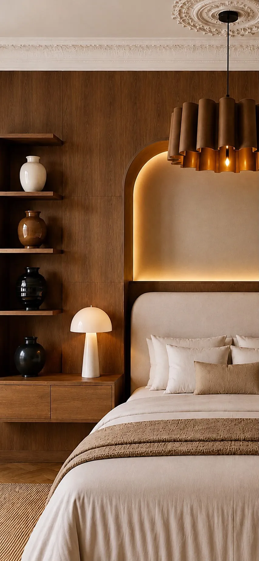 Détail de la tête de lit en noyer : niche en arche éclairée et étagères intégrées — chambre à Paris 16e