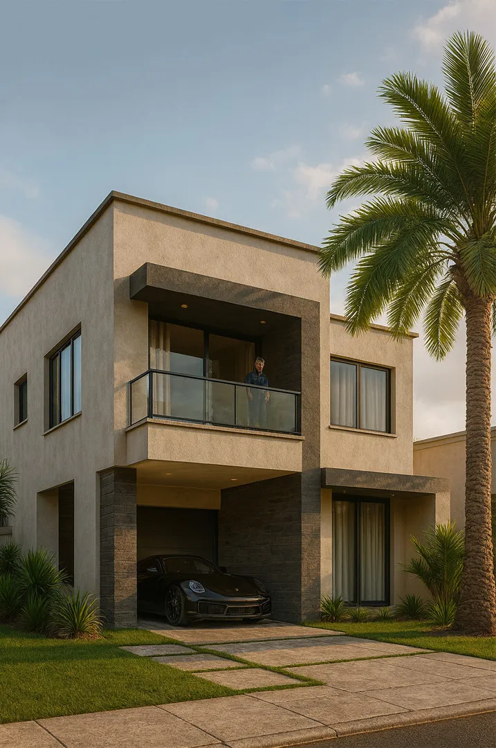 Vue 3D d’une villa contemporaine à étage avec balcon et carport — projet urbain à Accra, Ghana