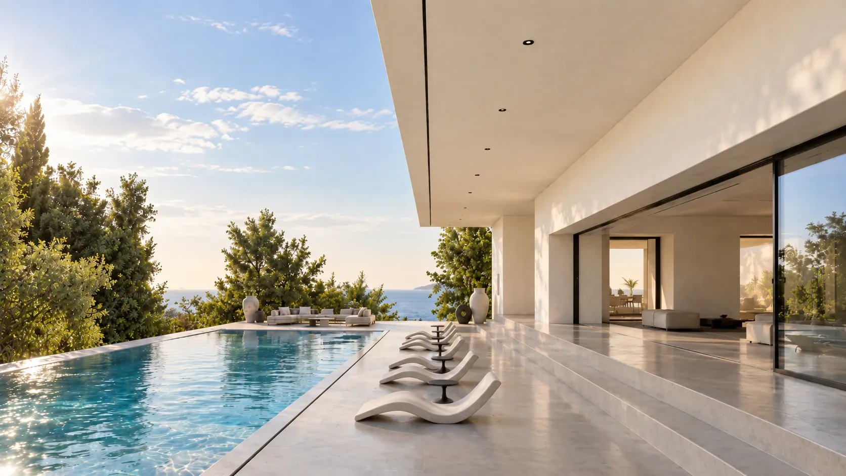 Vue 3D d’une villa contemporaine près d’Aix-en-Provence : terrasse, piscine et grandes baies vitrées