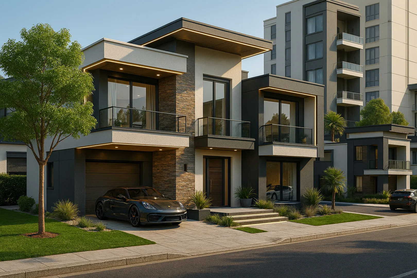 Vue 3D de villas contemporaines en pierre et enduit clair, avec des immeubles résidentiels en arrière-plan — projet urbain à Accra, Ghana