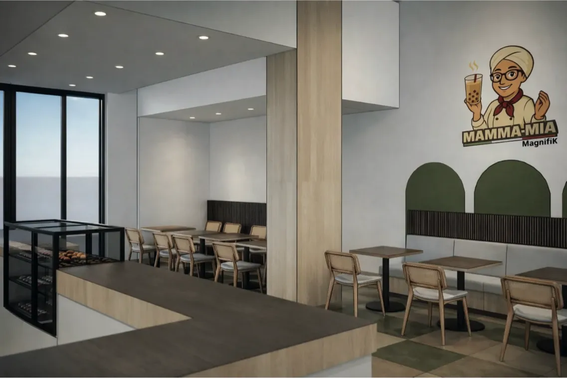 Vitrine à pâtisseries et salle du restaurant Mamma Mia, avec le logo de l’enseigne — vue 3D