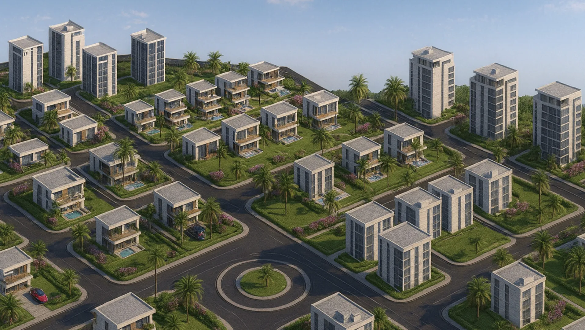 Vue aérienne 3D du nouveau quartier : villas, immeubles résidentiels et espaces verts — projet urbain à Accra, Ghana